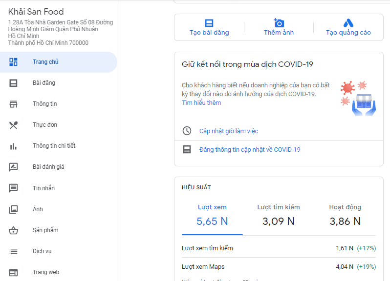 Dịch vụ xác minh doanh nghiệp Google Maps đã mang đến lượt xem và tìm kiếm rất tốt cho Khải San Food.