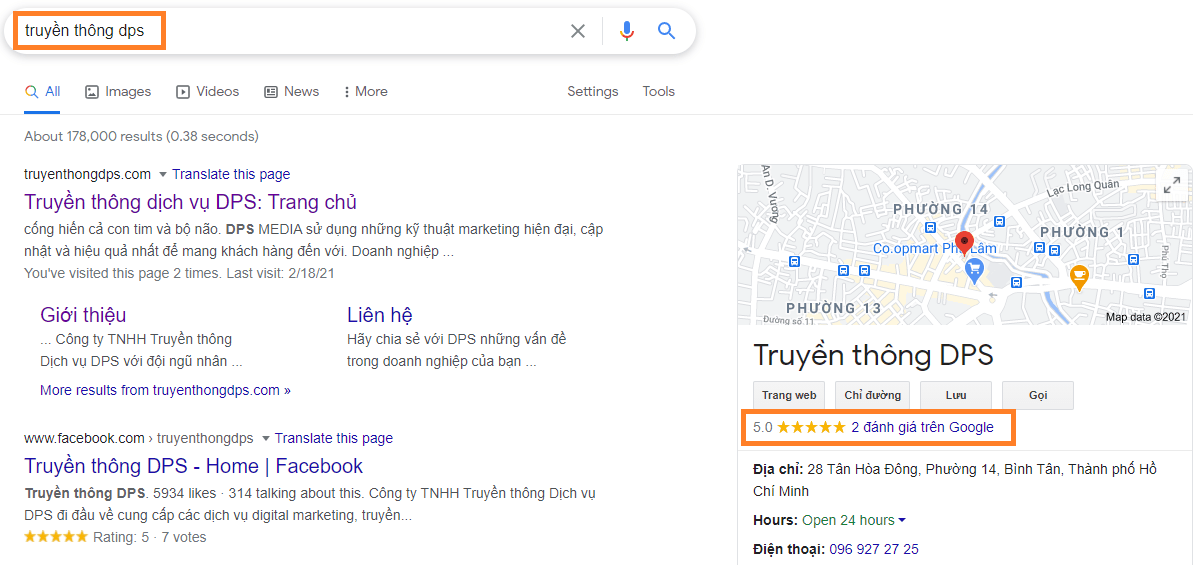 Với thao tác tìm kiếm tên doanh nghiệp trên Google, thông tin doanh nghiệp sẽ hiển thị (như hình) nếu doanh nghiệp của bạn đã được Google xác minh.