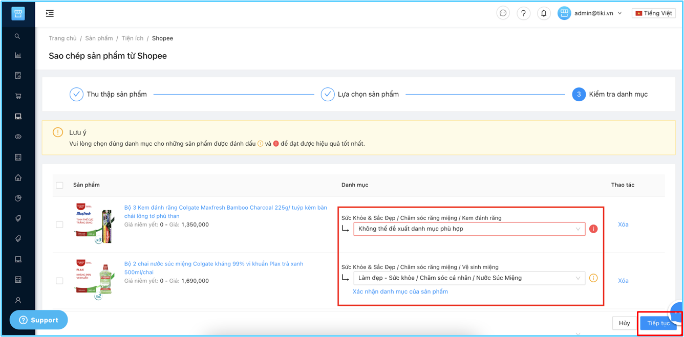 sao chép sản phẩm từ shopee sang tiki