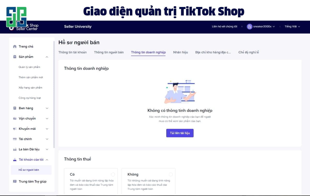 Giao diện quản trị Tiktok Shop