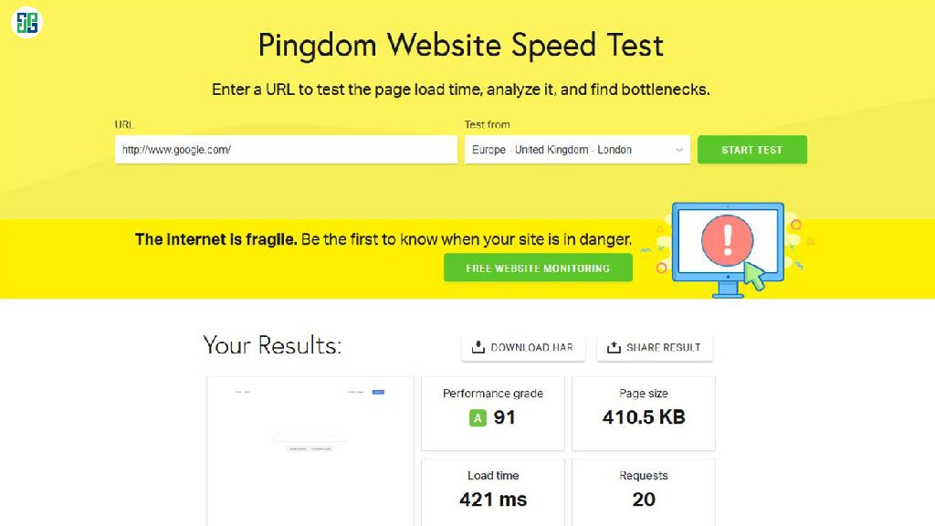 Công cụ Pingdom Website speed test